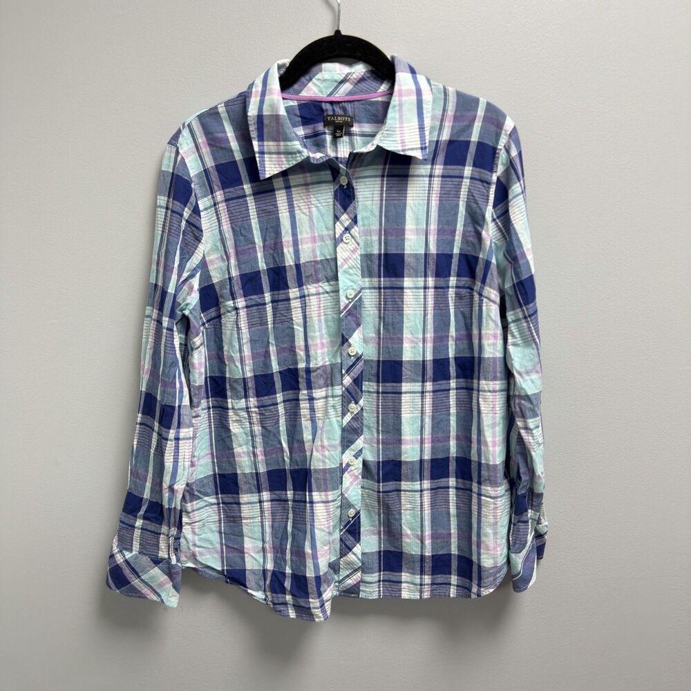 Talbots Women's Shirt Button Up Sz Lp Plaid Blues Greens Pinks Preppy